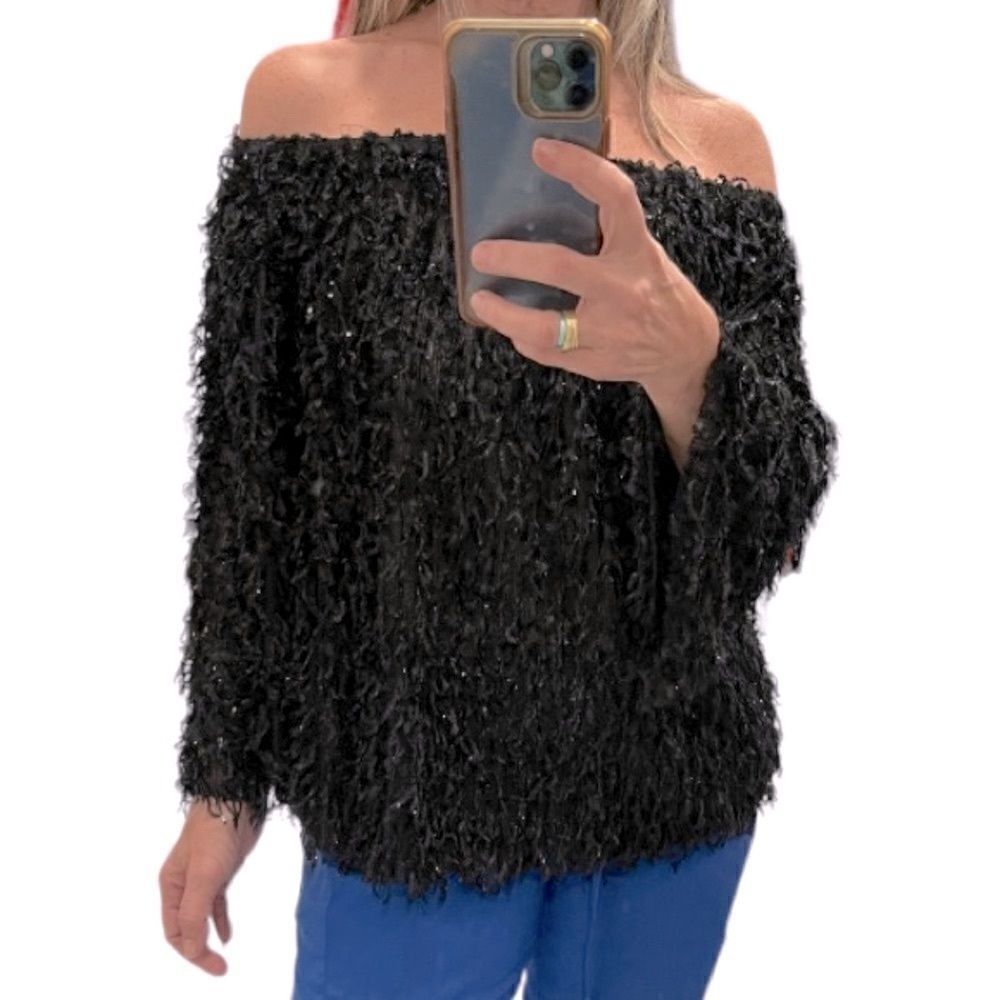 She + Sky Off The Shoulder Black Shiny Sweater.Size S